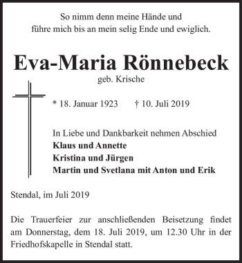 Traueranzeige von Eva-Maria Rönnebeck (geb. Krische)  von Magdeburger Volksstimme