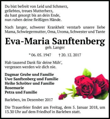 Traueranzeige von Eva-Maria Sanftenberg (geb. Langer)  von Magdeburger Volksstimme