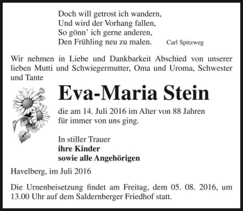 Traueranzeige von Eva-Maria Stein  von Magdeburger Volksstimme