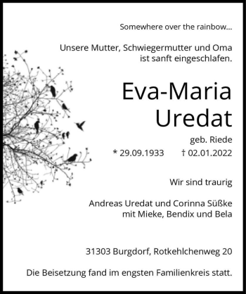 Traueranzeige von Eva-Maria Uredat (geb. Riede)  von Magdeburger Volksstimme