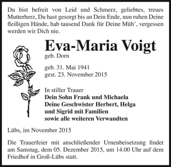 Traueranzeige von Eva-Maria Voigt (geb. Dorn)  von Magdeburger Volksstimme