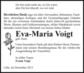 Traueranzeige von Eva-Maria Voigt (geb. Dorn)  von Magdeburger Volksstimme