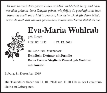 Traueranzeige von Eva-Maria Wohlrab (geb. Donth)  von Magdeburger Volksstimme