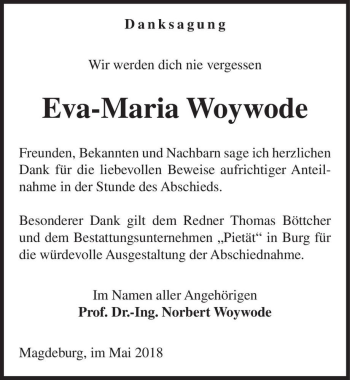 Traueranzeige von Eva-Maria Woywode  von Magdeburger Volksstimme