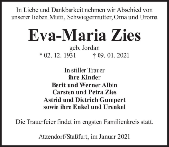 Traueranzeige von Eva-Maria Zies (geb. Jordan)  von Magdeburger Volksstimme