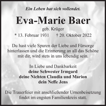 Traueranzeige von Eva-Marie Baer (geb. Krüger)  von Magdeburger Volksstimme