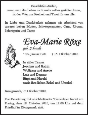 Traueranzeige von Eva-Marie Röxe (geb. Schmidt)  von Magdeburger Volksstimme