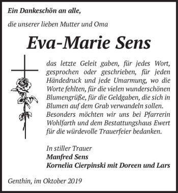 Traueranzeige von Eva-Marie Sens  von Magdeburger Volksstimme