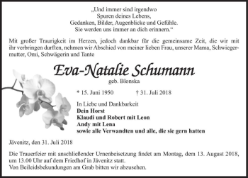 Traueranzeige von Eva-Natalie Schumann (geb. Blonska)  von Magdeburger Volksstimme