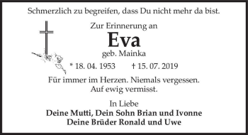 Traueranzeige von Eva (geb. Mainka)  von Magdeburger Volksstimme