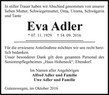 Traueranzeige von Eva Adler  von Magdeburger Volksstimme