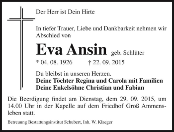 Traueranzeige von Eva Ansin  von Magdeburger Volksstimme