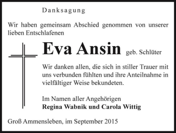 Traueranzeige von Eva Ansin (geb. Schlüter)  von Magdeburger Volksstimme