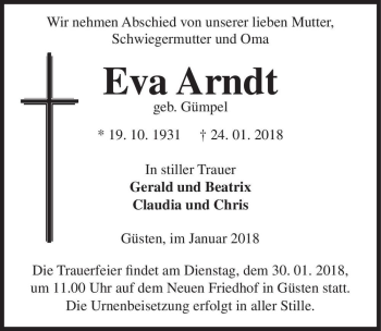 Traueranzeige von Eva Arndt (geb. Gümpel)  von Magdeburger Volksstimme