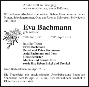 Traueranzeige von Eva Bachmann (geb. Ackurat)  von Magdeburger Volksstimme