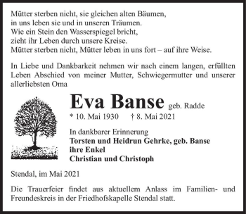 Traueranzeige von Eva Banse (geb. Radde)  von Magdeburger Volksstimme
