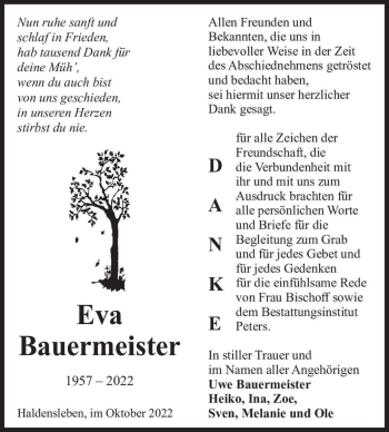 Traueranzeige von Eva Bauermeister  von Magdeburger Volksstimme
