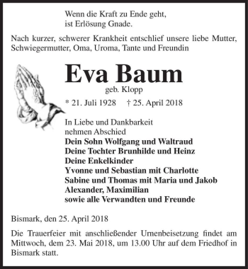 Traueranzeige von Eva Baum (geb. Klopp)  von Magdeburger Volksstimme