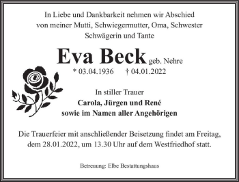 Traueranzeige von Eva Beck (geb. Nehre)  von Magdeburger Volksstimme