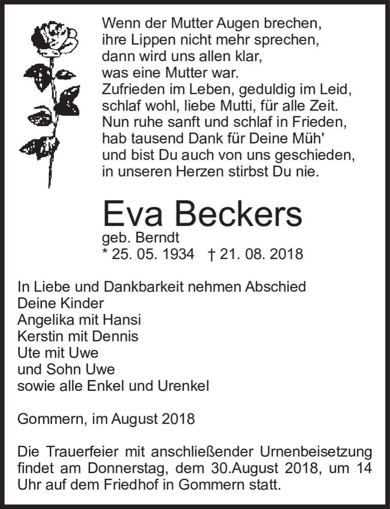  Traueranzeige für Eva Beckers (geb. Berndt)  vom 27.08.2018 aus Magdeburger Volksstimme