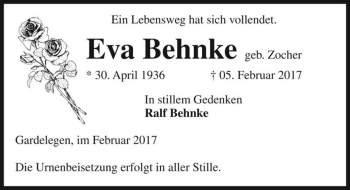 Traueranzeige von Eva Behnke (geb. Zocher)  von Magdeburger Volksstimme