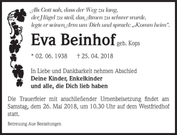 Traueranzeige von Eva Beinhof (geb. Kops)  von Magdeburger Volksstimme