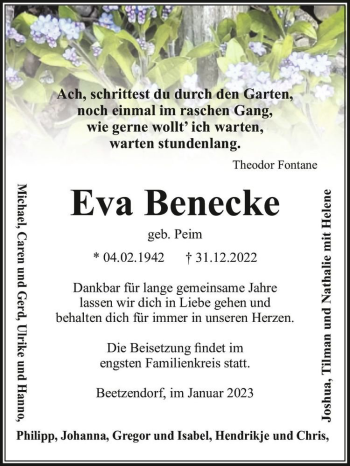 Traueranzeige von Eva Benecke (geb. Peim)  von Magdeburger Volksstimme