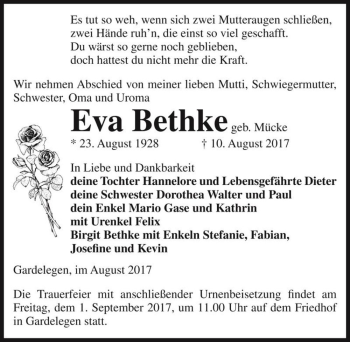 Traueranzeige von Eva Bethke (geb. Mücke)  von Magdeburger Volksstimme