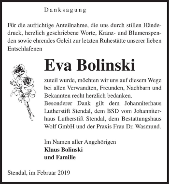 Traueranzeige von Eva Bolinski  von Magdeburger Volksstimme