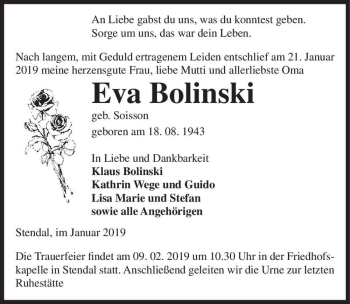 Traueranzeige von Eva Bolinski (geb. Soisson)  von Magdeburger Volksstimme