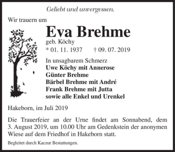 Traueranzeige von Eva Brehme (geb. Köchy)  von Magdeburger Volksstimme