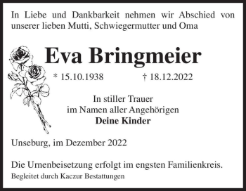 Traueranzeige von Eva Bringmeier  von Magdeburger Volksstimme