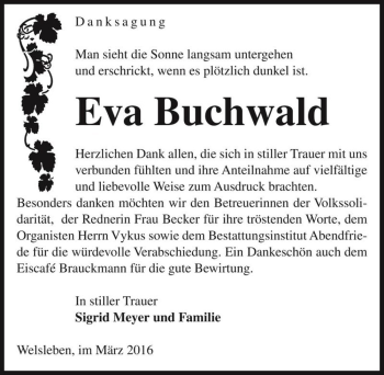 Traueranzeige von Eva Buchwald  von Magdeburger Volksstimme