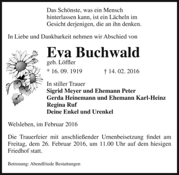 Traueranzeige von Eva Buchwald (geb. Löffler)  von Magdeburger Volksstimme