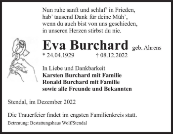Traueranzeige von Eva Burchard (geb. Ahrens)  von Magdeburger Volksstimme