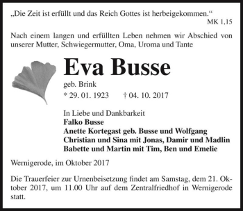 Traueranzeige von Eva Busse (geb. Brink)  von Magdeburger Volksstimme
