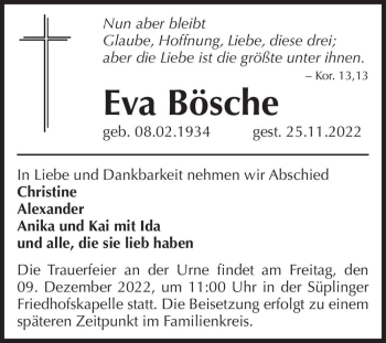 Traueranzeige von Eva Bösche  von Magdeburger Volksstimme