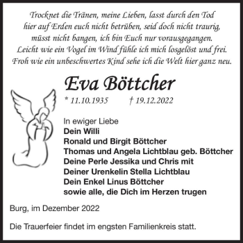 Traueranzeige von Eva Böttcher  von Magdeburger Volksstimme