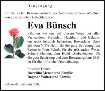 Traueranzeige von Eva Bünsch  von Magdeburger Volksstimme
