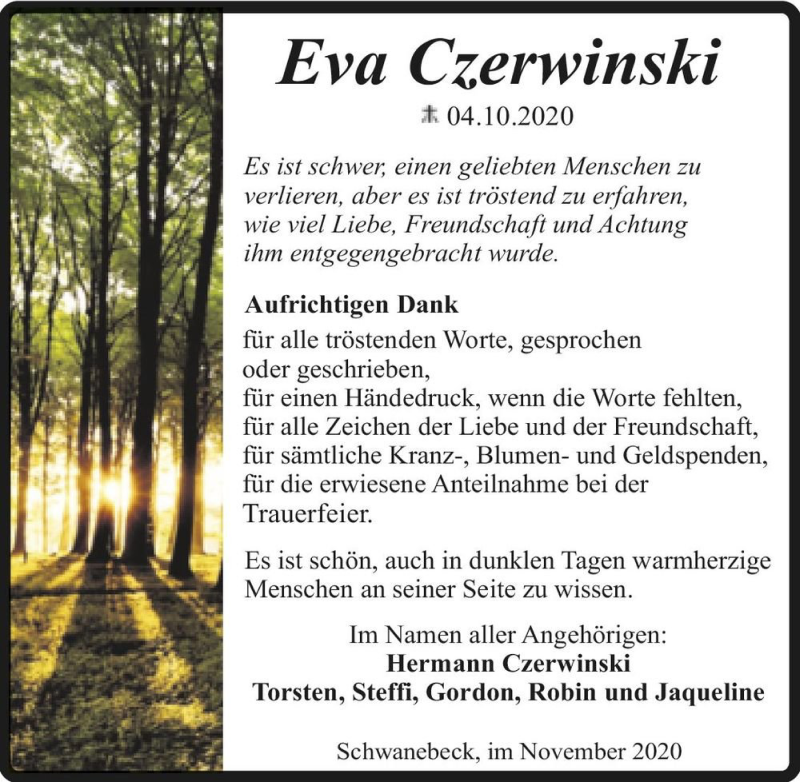  Traueranzeige für Eva Czerwinski  vom 07.11.2020 aus Magdeburger Volksstimme