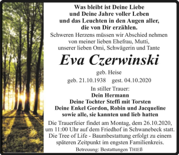 Traueranzeige von Eva Czerwinski (geb. Heinse)  von Magdeburger Volksstimme