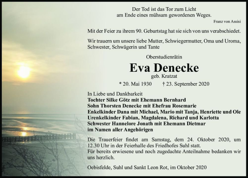  Traueranzeige für Eva Denecke (geb. Kratzat)  vom 02.10.2020 aus Magdeburger Volksstimme