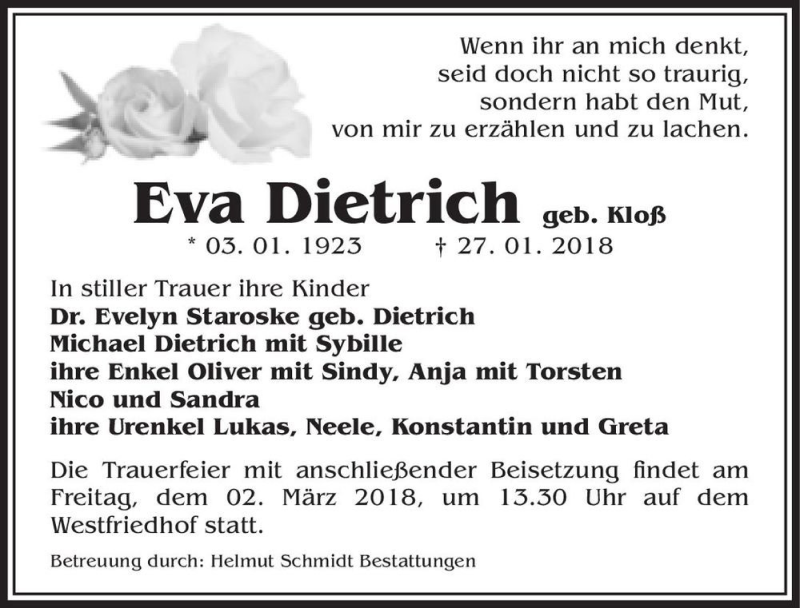  Traueranzeige für Eva Dietrich (geb. Kloß)  vom 10.02.2018 aus Magdeburger Volksstimme