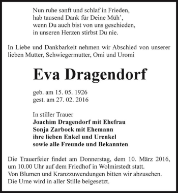 Traueranzeige von Eva Dragendorf  von Magdeburger Volksstimme