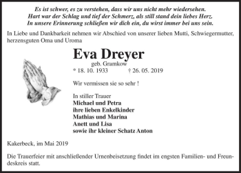 Traueranzeige von Eva Dreyer (geb. Gramkow)  von Magdeburger Volksstimme