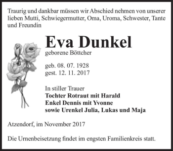 Traueranzeige von Eva Dunkel (geb. Böttcher)  von Magdeburger Volksstimme