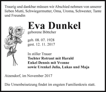 Traueranzeige von Eva Dunkel (geb. Böttcher)  von Magdeburger Volksstimme