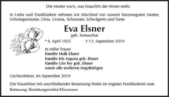 Traueranzeige von Eva Elsner (geb. Tomuschat)  von Magdeburger Volksstimme