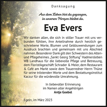 Traueranzeige von Eva Evers  von Magdeburger Volksstimme