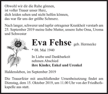 Traueranzeige von Eva Fehse (geb. Hermecke)  von Magdeburger Volksstimme
